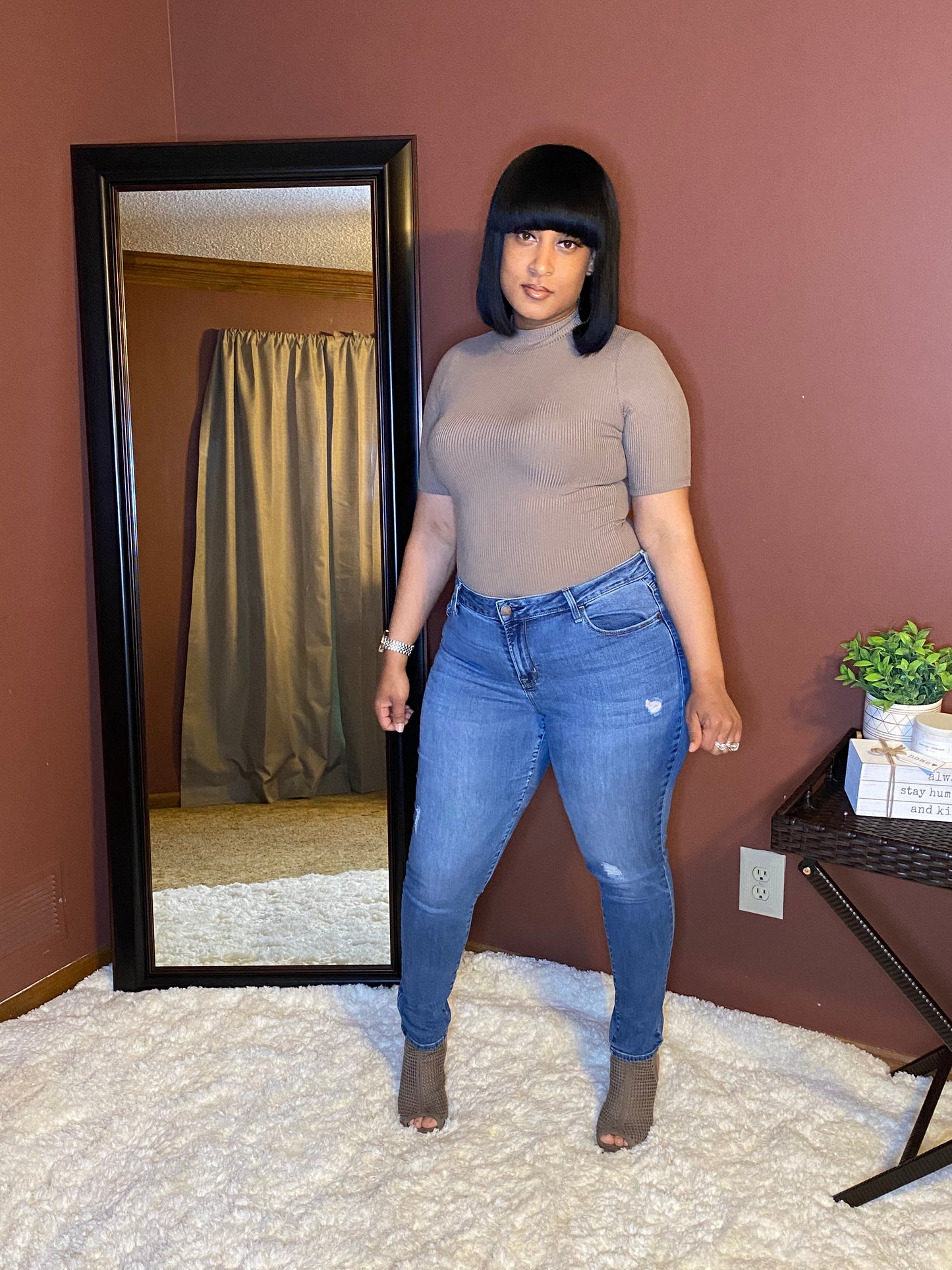 Mock Neck Bodysuit - Taupe