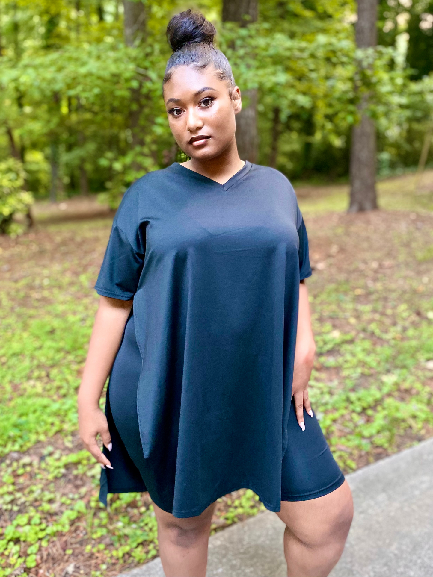 Curvaceous V-Neck Side Slit Biker Short Set