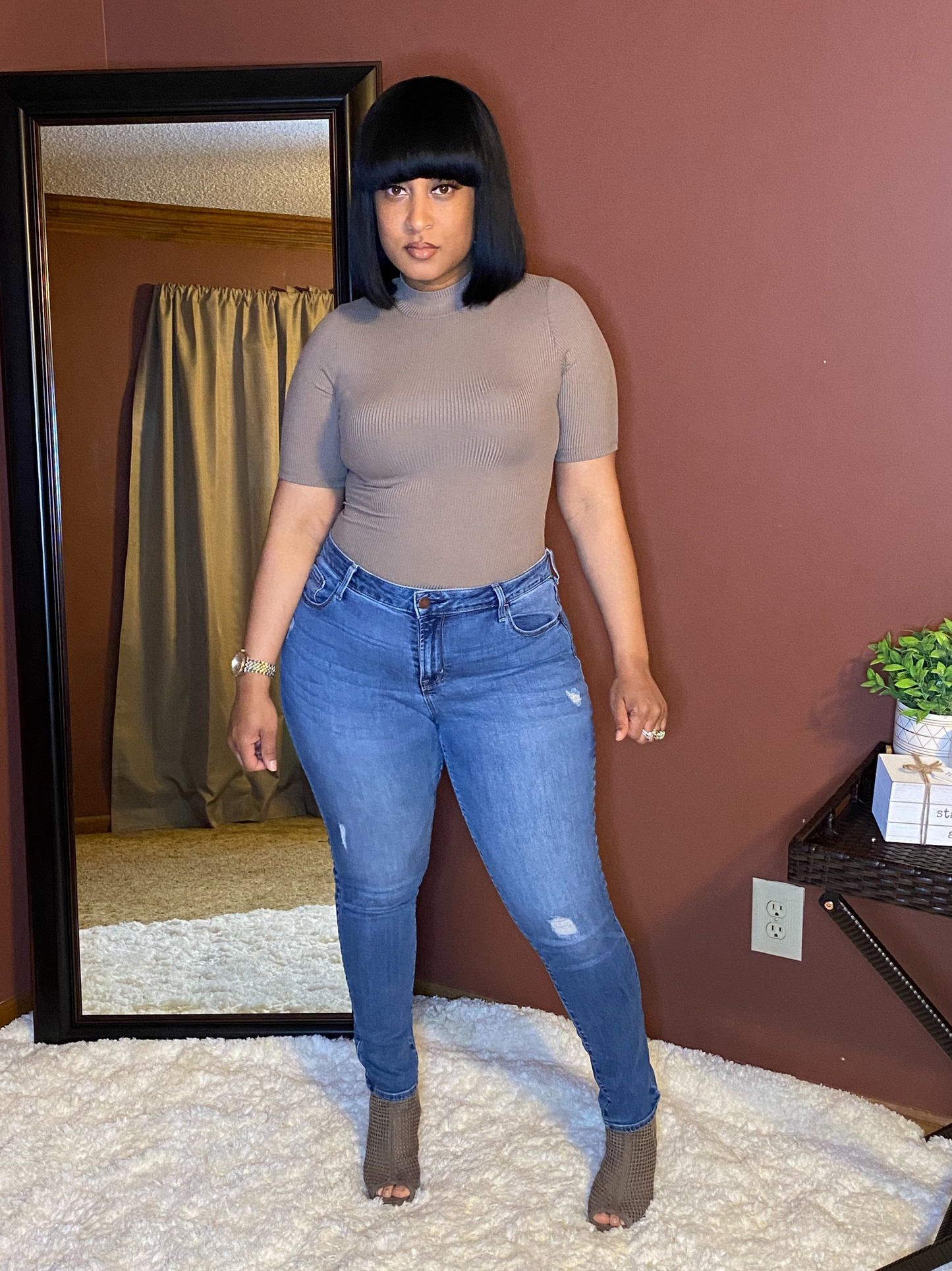 Mock Neck Bodysuit - Taupe