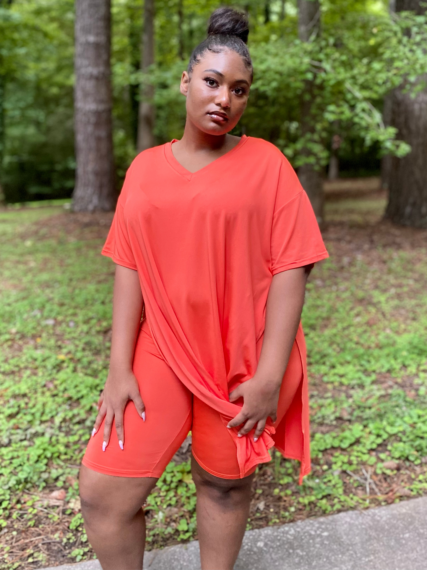 Curvaceous V-Neck Side Slit Biker Short Set