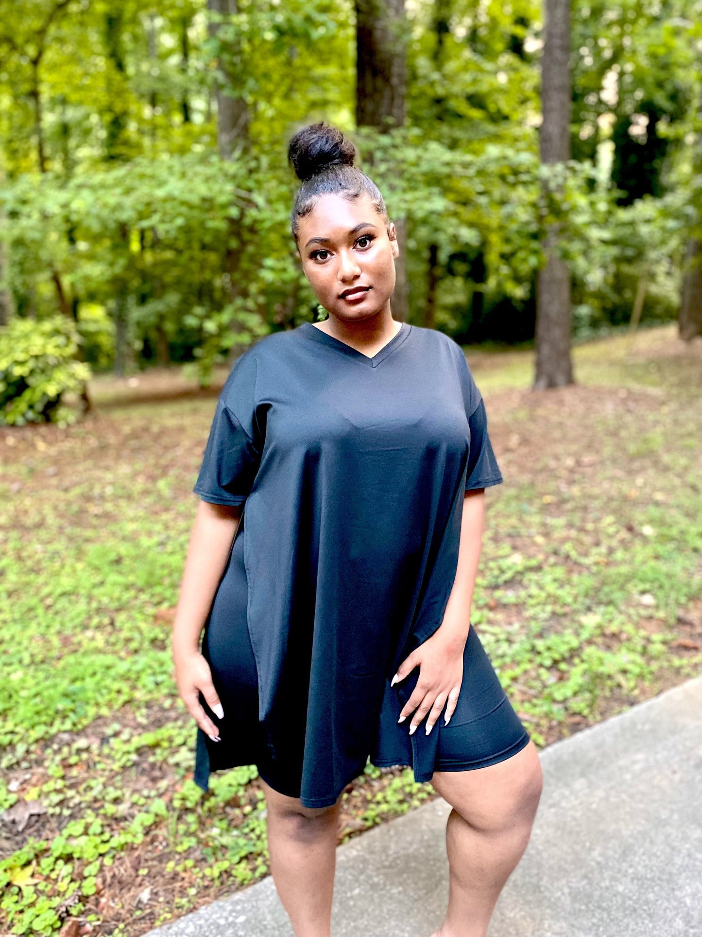 Curvaceous V-Neck Side Slit Biker Short Set